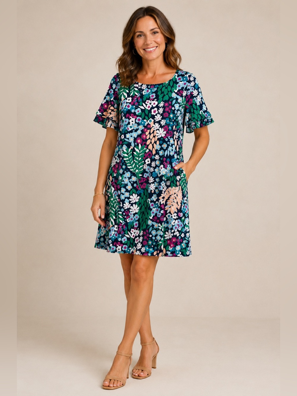 Kim Rogers Navy Floral Flutter Sleeve Mini Dress, Petite L